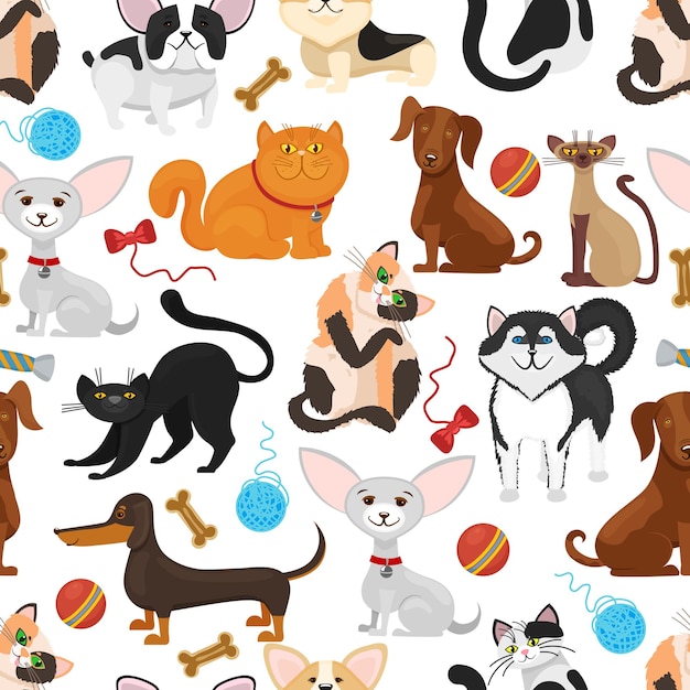 Free Vector pet background. dogs and cats seamless pattern. pets kittens and puppies, pedigree pet with toys illustration