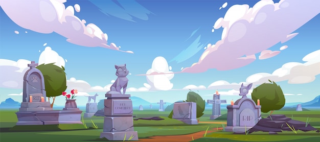 Free Vector pet cemetery, animal graveyard with tombstones