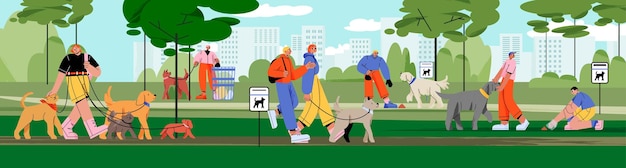 Free Vector pet owners walking with dogs in park gathering poo