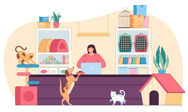 Free Vector pet shop seller selling vet goods for animals. woman standing behind counter inside store near accessories and toys, cage and food on shelves flat vector illustration. small retail pet shop concept