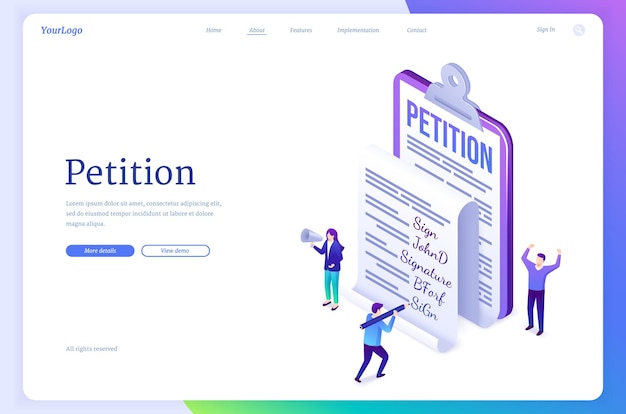 Free Vector petition banner. concept of document with claim or appeal, agitation for sign request. vector landing page with isometric illustration of people and petition with signature on clipboard