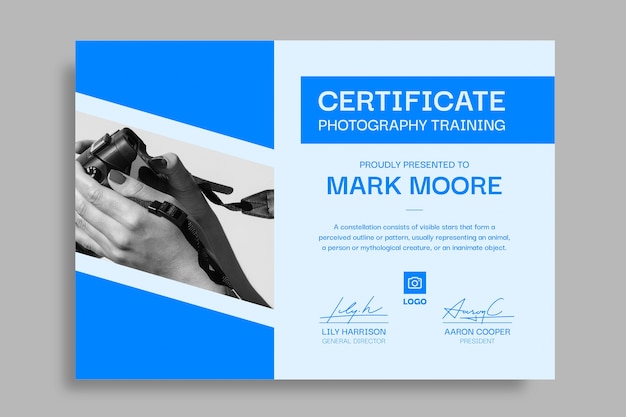 Photography training course certificate template design