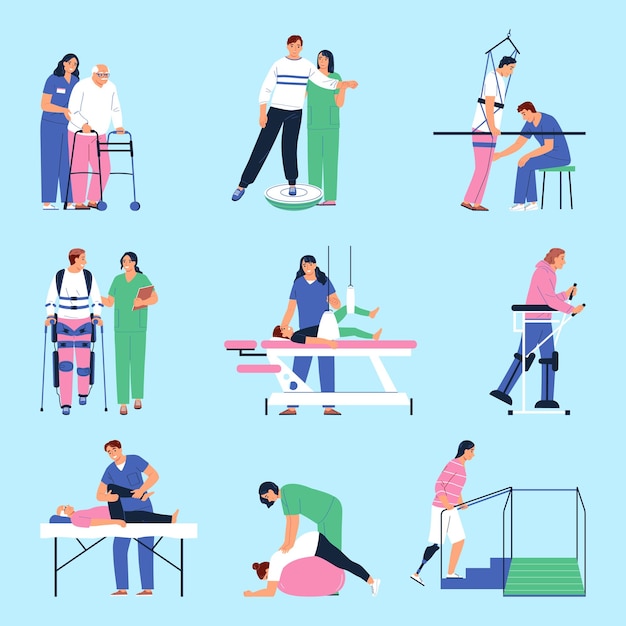 Free Vector physiotherapy flat icons set with injured people and medical professionals isolated vector illustration