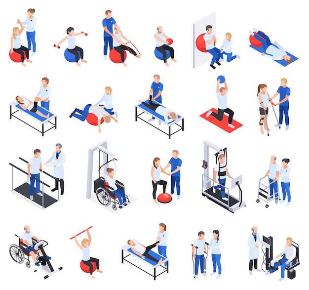 Free Vector physiotherapy rehabilitation clinic isometric icons set with injured and disabled people massage treatment exercises equipment vector illustration