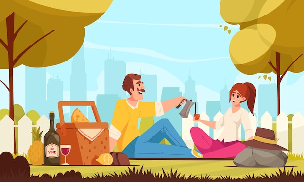 Free Vector picnic cartoon concept with happy couple having romanti meal outdoor vector illustration