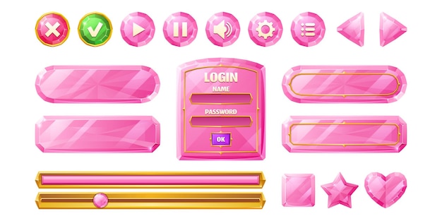 Pink diamond buttons for user interface design in game video player or website vector cartoon set of...