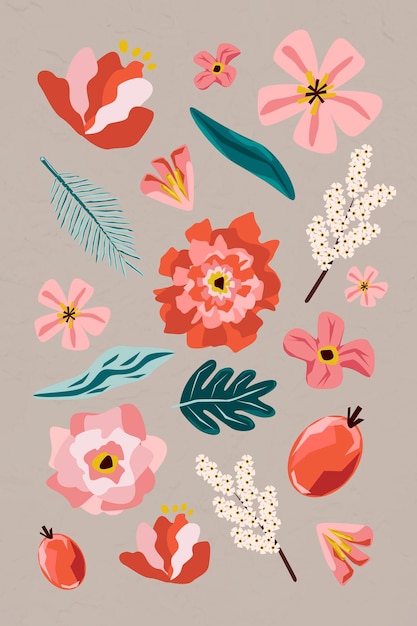 Free Vector pink flowers and leaves element set on a beige background evctor