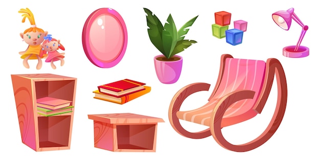 Free vector pink kid girl room interior and furniture cartoon