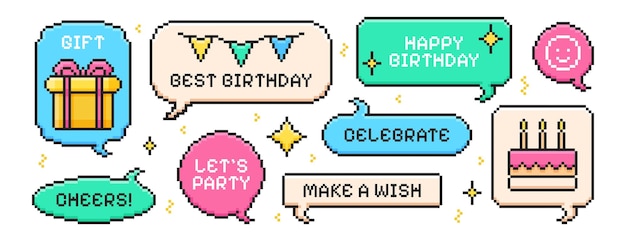 Free vector pixel art happy birthday speech bubbles with pixelated cake candles gift box congratulations quotes