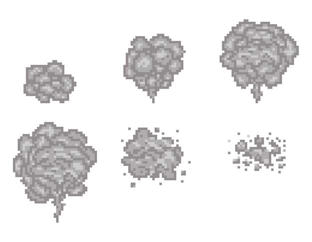 Pixel art smoke animation frames for game. Pixel game smoke, cloud pixel smoke, video animation pixel smoke illustration