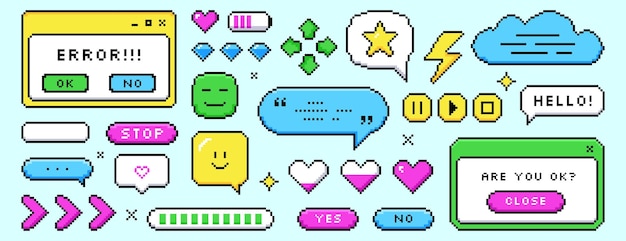 Free vector pixel dialogue boxes speech bubbles buttons message frames and retro game icons