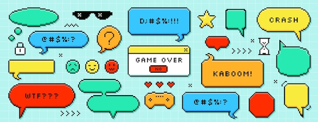 Free vector pixel dialogue boxes speech bubbles buttons message frames and retro game icons