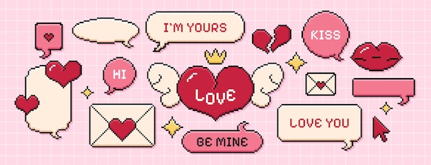 Free vector pixel retro game style dialogue boxes speech bubbles pink hearts and valentine day icons