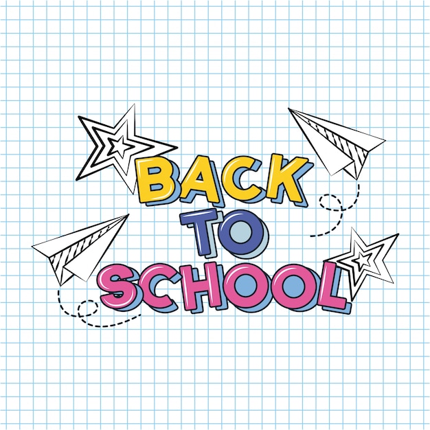 Free Vector plane and stars, back to school doodle drawn on a grid sheet