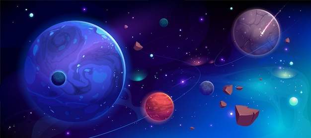 Free vector planets in outer space with satellites and meteors illustration