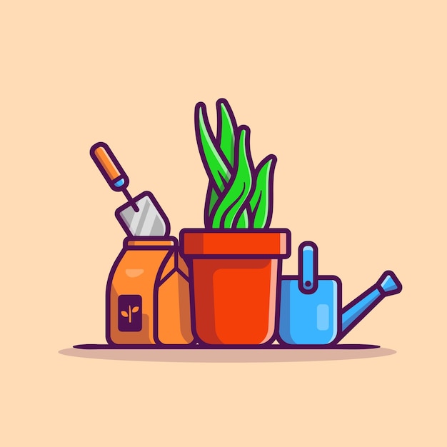 Free Vector plant, pot, kettle and shovel cartoon  icon illustration. nature object icon concept 