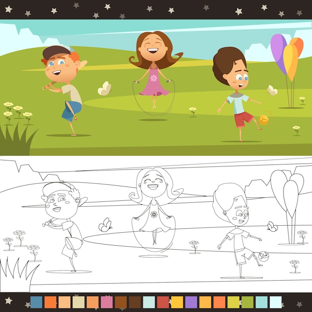 Free Vector playing kids coloring cartoon horizontal page with color scheme isolated vector illustration 