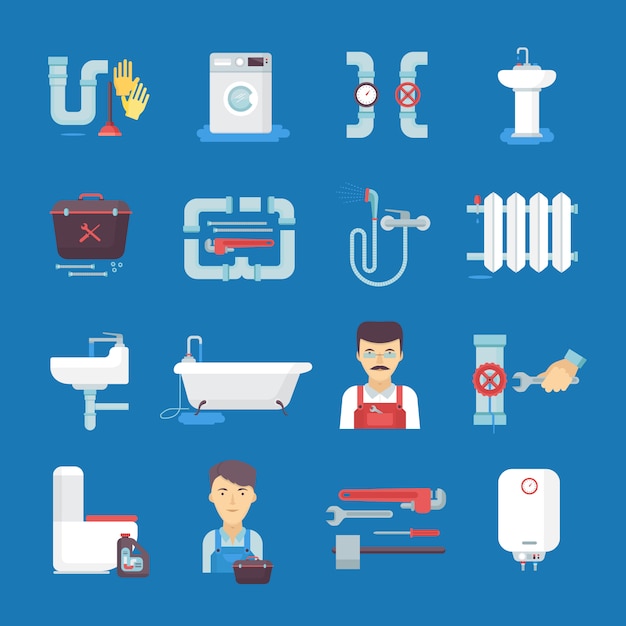 Plumber flat icons collection with toilet sink water heater.  