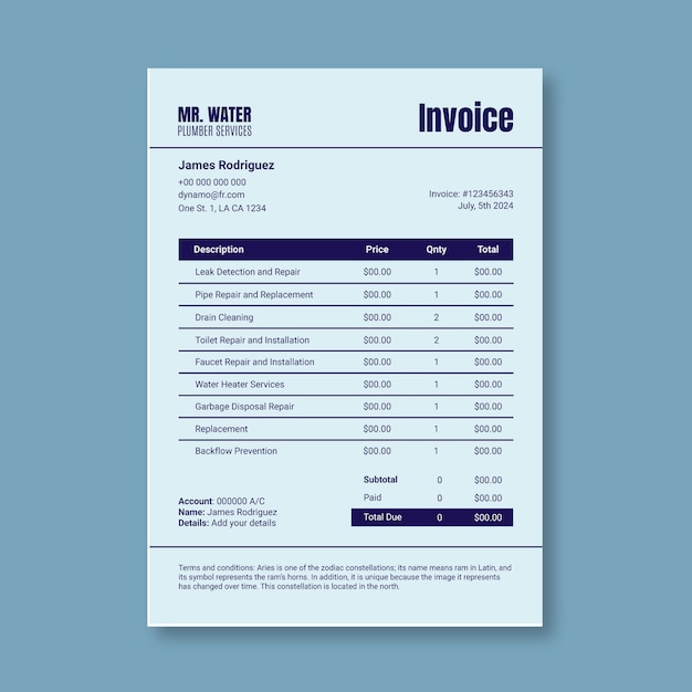 Plumber invoice template design