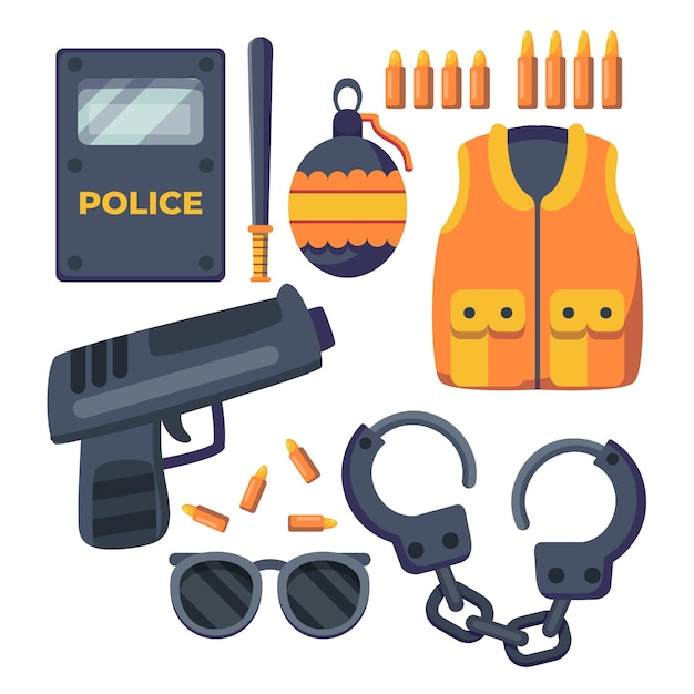 Police professional equipment set Handcuffs bulletproof vest truncheon badge weapons and other element Vector illustration