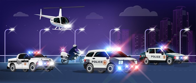 Free Vector police transport flat composition with night city scenery and flying helicopter with multiple cars and motorcycle vector illustration