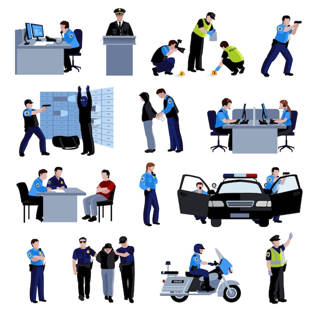 Free Vector policeman people at office and outside with police car and situation arrest of offender