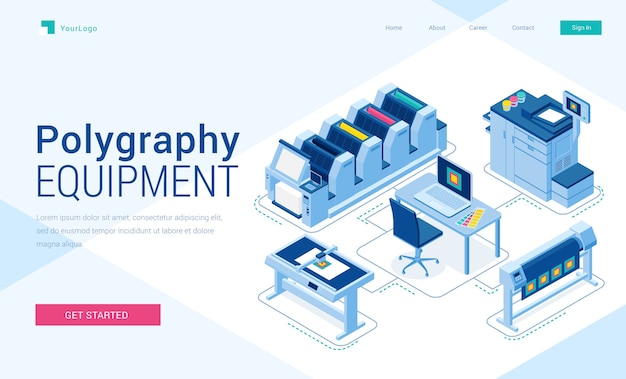 Polygraphy equipment banner. Typography business, printing service.