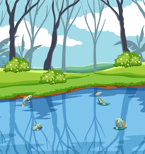 Free vector pond in the forest square scene vector