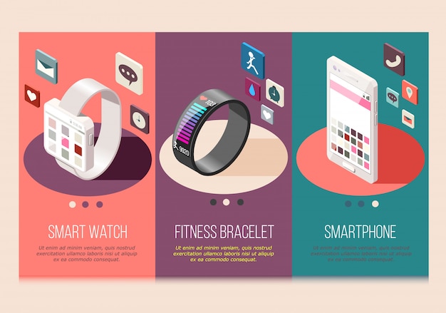 Free vector portable electronics smart phone and watch fitness bracelet set of isometric compositions isolated