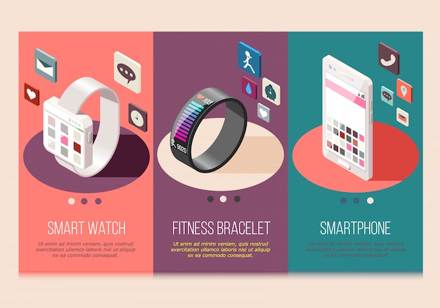 Portable electronics smart phone and watch fitness bracelet set of isometric compositions isolated