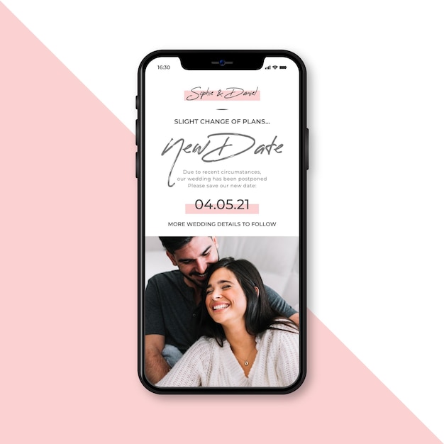 Postponed wedding announce on mobile concept