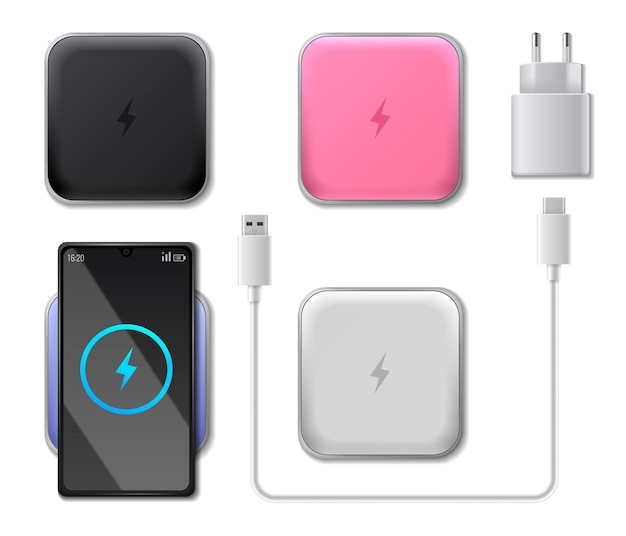 Free Vector powerbank icons set with realistic battery charger devices isolated vector illustration