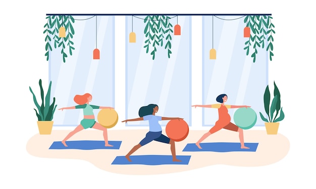 Free vector pregnant women doing exercises with big ball. cartoon illustration