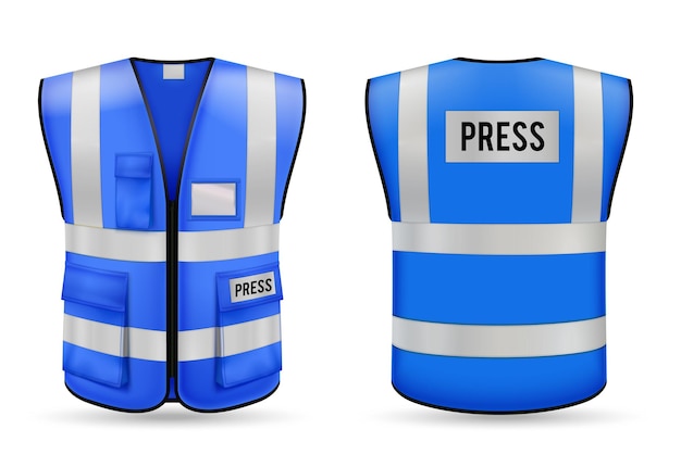 Free vector press blue safety vest with reflective stripes front and back views realistic set isolated vector illustration