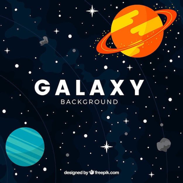 Pretty galaxy background with planets in flat design