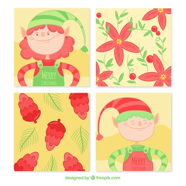 Free Vector pretty hand drawn christmas elf cards