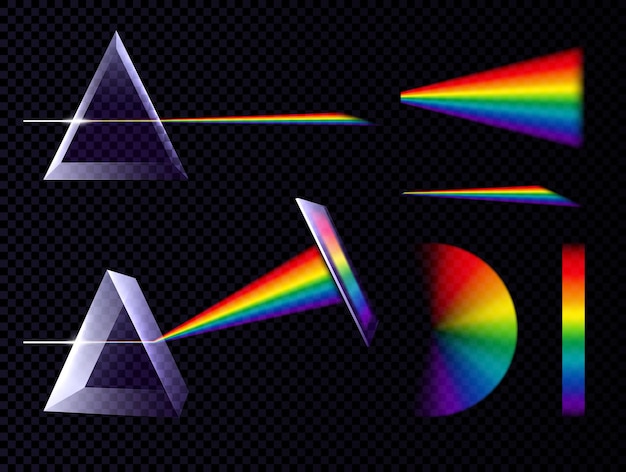 Free Vector prism light spectrum rainbow set on transparent background with triangle prisms and palettes of different shape vector illustration