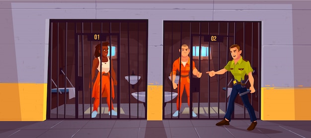 Free Vector prisoners in prison jail and policeman. people in orange jumpsuits in cell. 