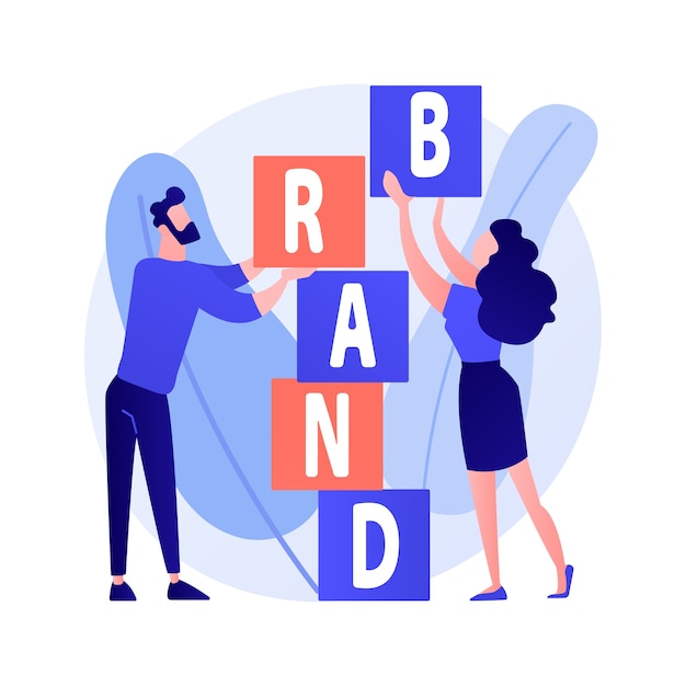 Free Vector product brand building. corporate identity design. studio designers flat characters teamwork, cooperation and collaboration. company name concept illustration