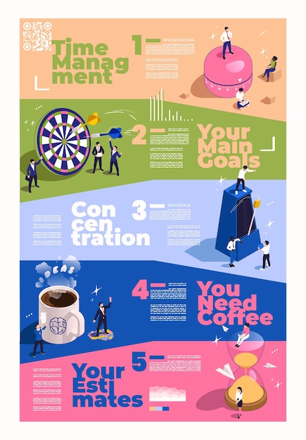 Free Vector productivity improvement boosting isometric infographics with tips for time management concentration on goals coffee and estimates vector illustration