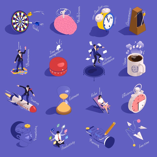 Free Vector productivity improvement boosting isometric set with isolated compositions of conceptual icons businessmen characters and text captions vector illustration