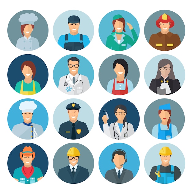 Free vector profession avatar flat icon set with chef mechanic policeman