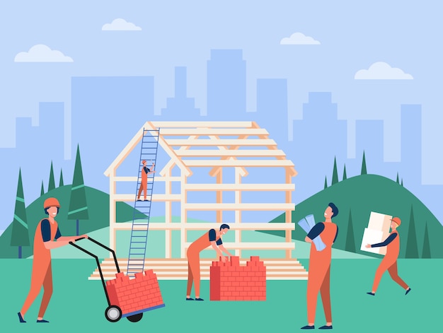 Free Vector professional carpenters team building house flat vector illustration. cartoon builders in protective hard hats and uniform working with wooden structure. construction and teamwork concept