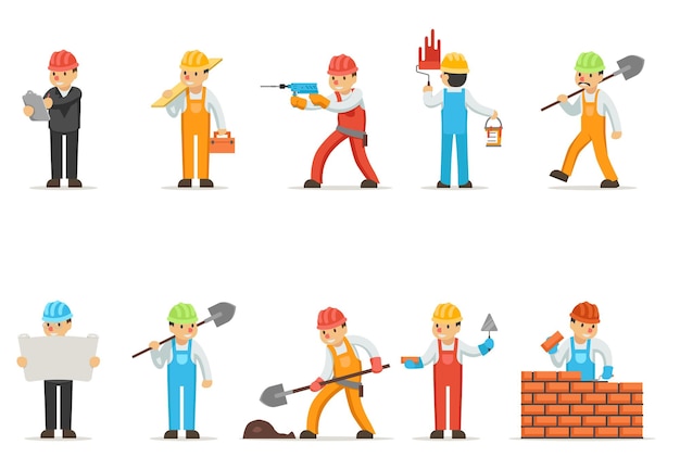 Professional construction workers or builders  . Specialist building and construction, worker digging or drilling, job worker bricklayer illustration