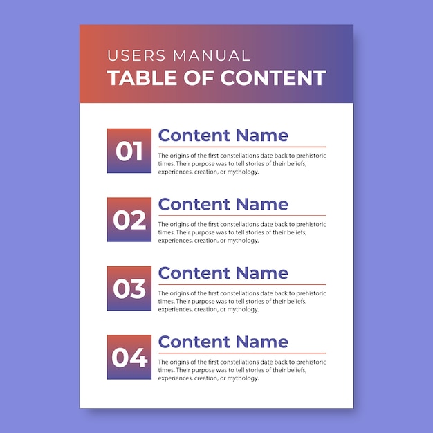 Free vector professional gradient user's manual table of contents