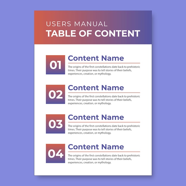 Professional gradient user's manual table of contents