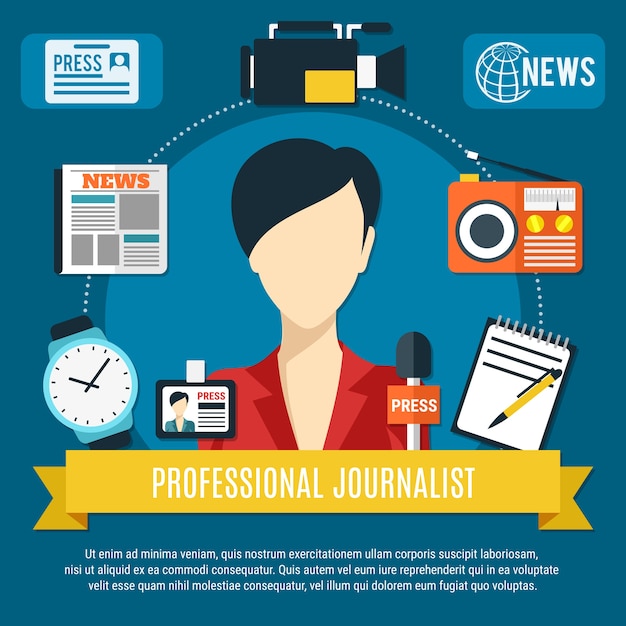 Free Vector professional journalist background with news anchorwoman character press microphone radio receiver flat icons 