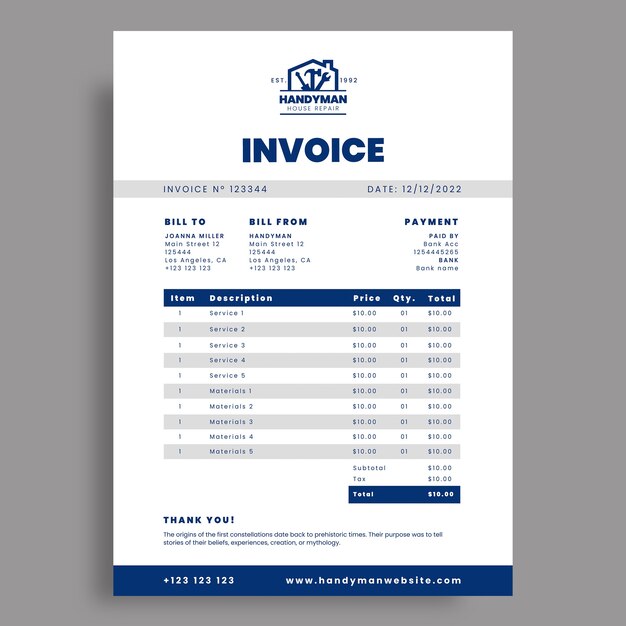 Professional minimalist handyman invoice