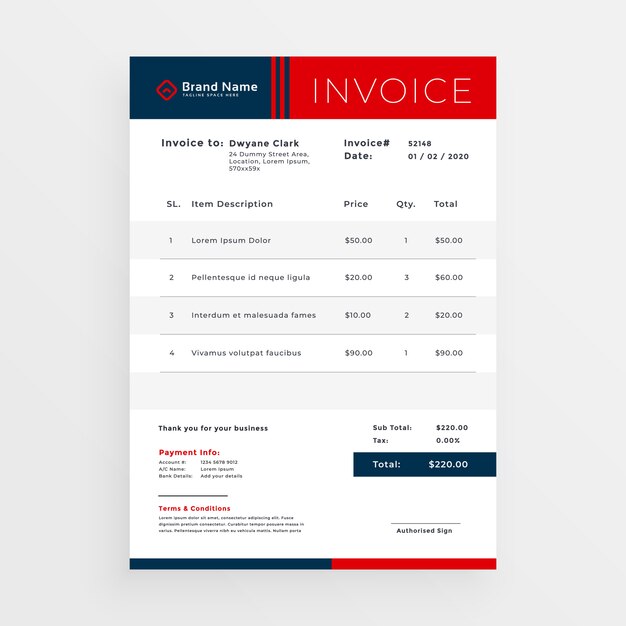 Professional red invoice template design