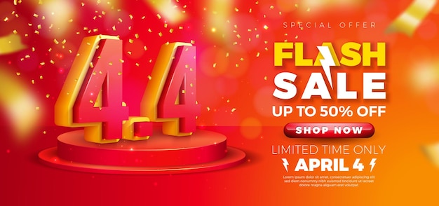 Free vector promotional sale april 4 design with 3d number on podium and falling confetti on red background